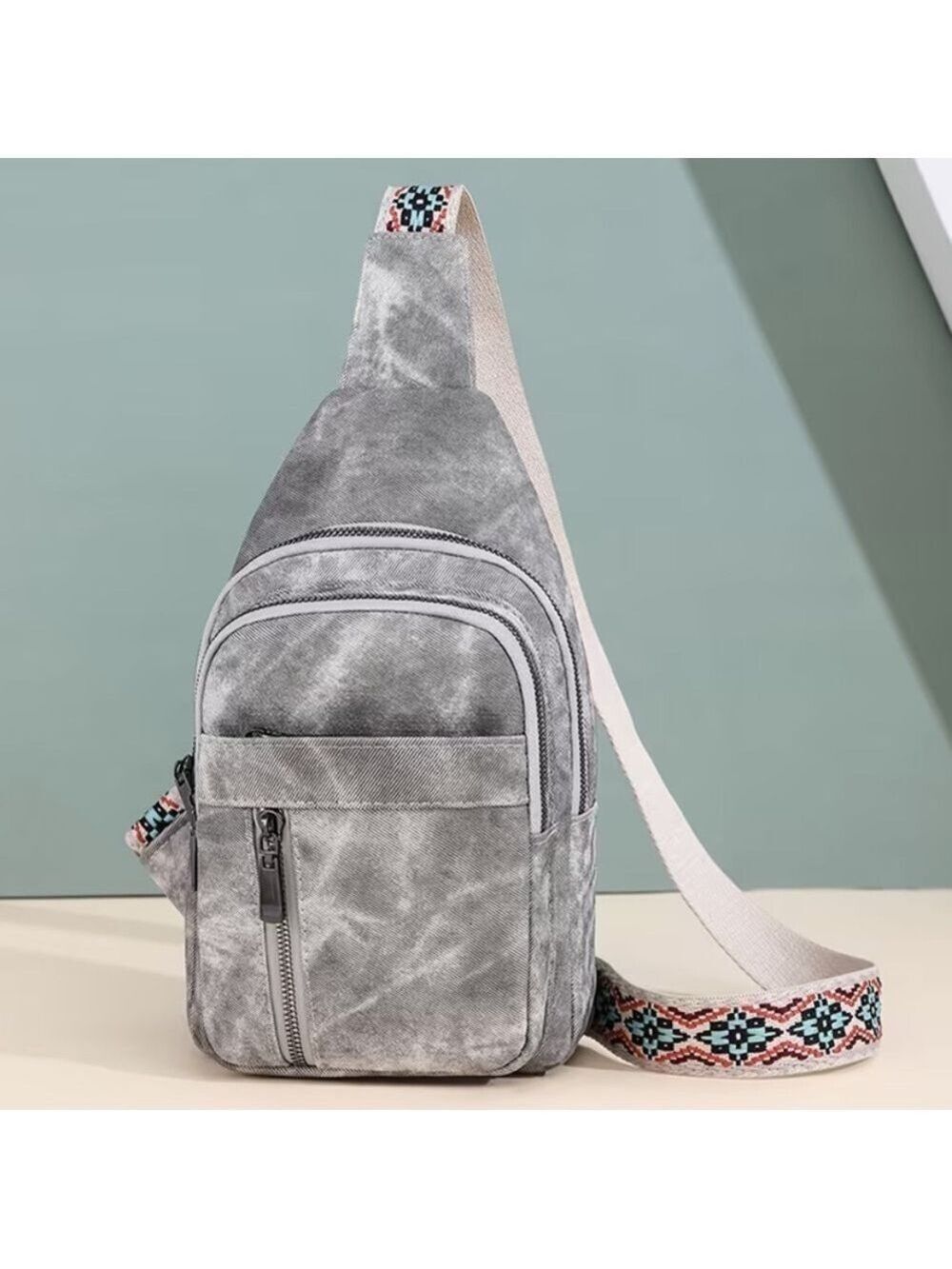 Gray Crossbody Bag with Patterned Strap NEW